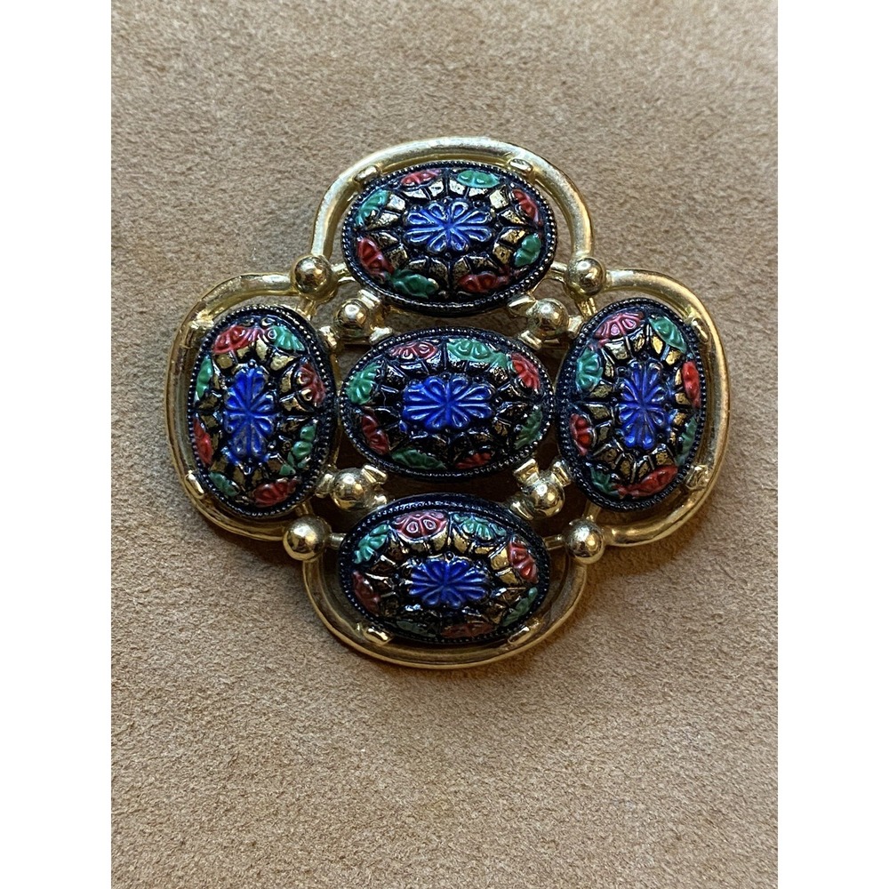 Sarah Coventry"Light of the East"VNTG 1960's Brooch, Pin Red Green Blue Cabochon